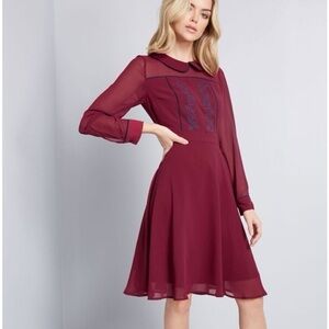 ModCloth • Pretty Performative Dress chiffon fit & flare maroon embroidered folk